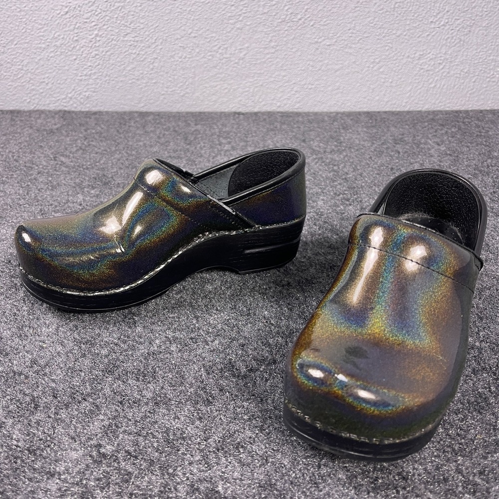 Dansko Iridescent Black Multi-Color Patent Clogs